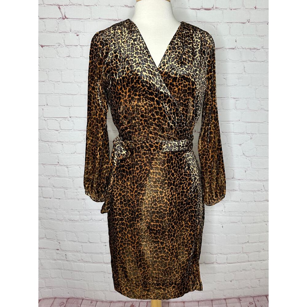J. Crew Leopard Velvet Wrap Dress Women's Size 8 Brown Animal Fall - Picture 2 of 9